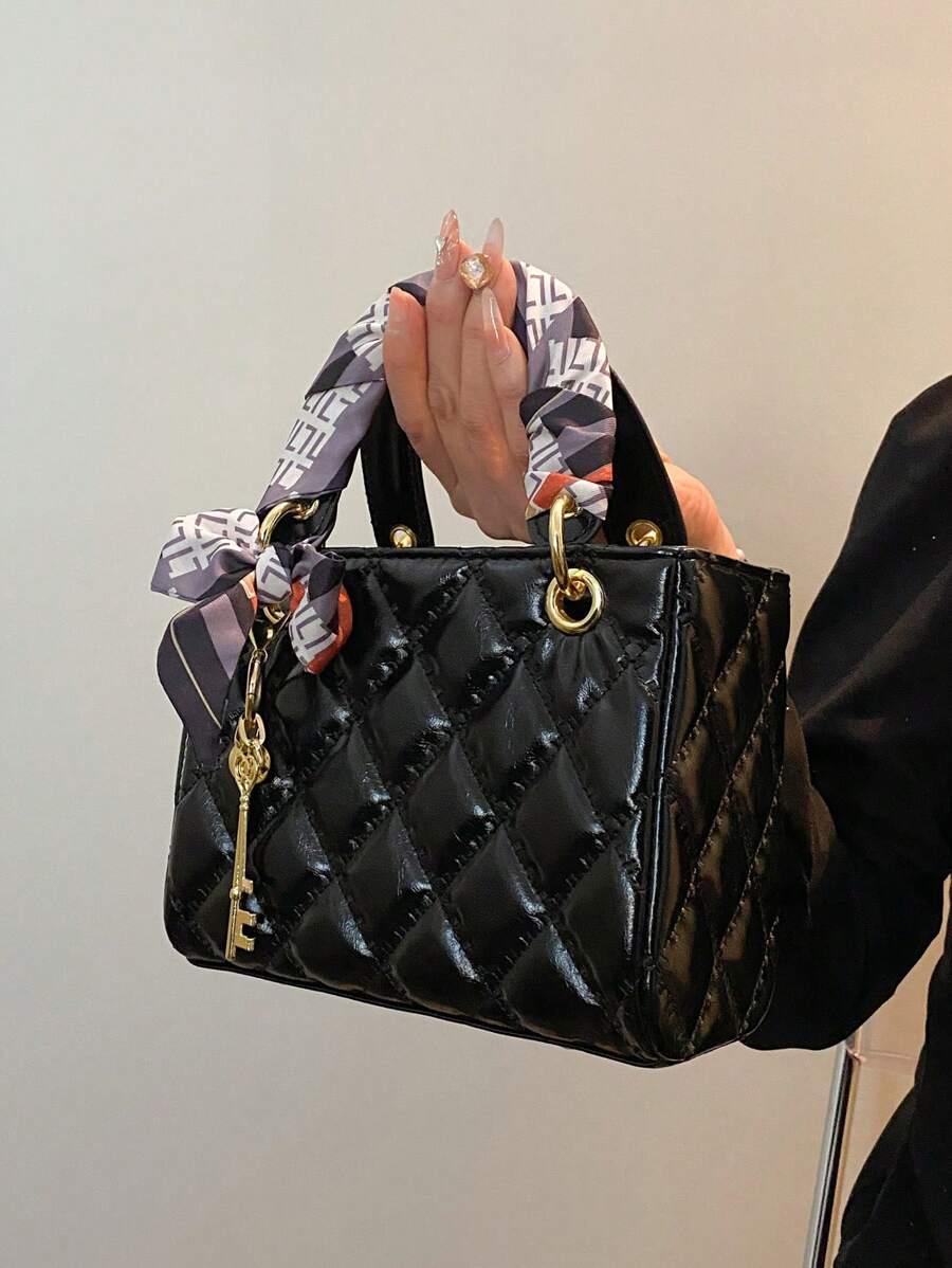 Quilted Pattern Solid Color PU Handbag With Pendant Decoration, Versatile Elegant Women's Crossbody Bag - Black - View 1