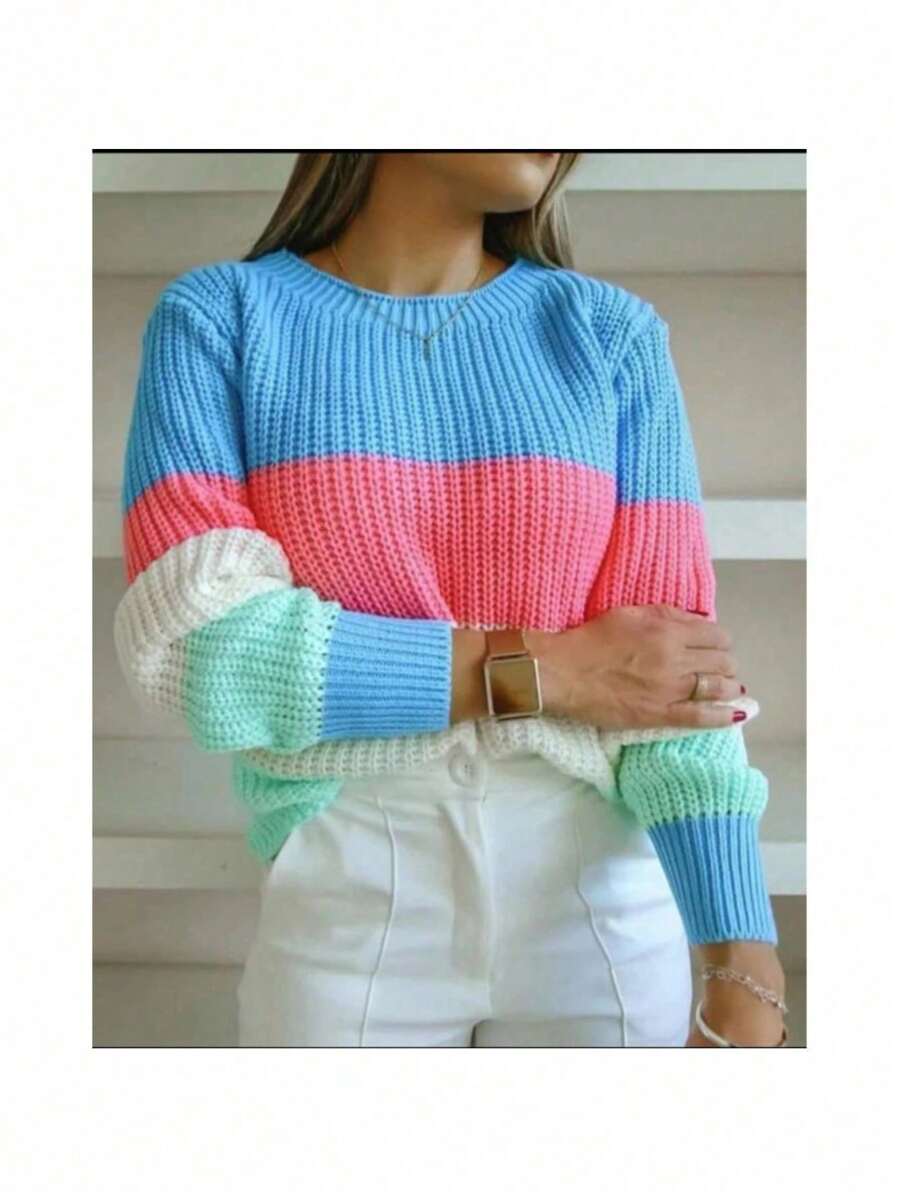 Winter Striped Long Sleeve Knit Blouse - Azul - Ver 1