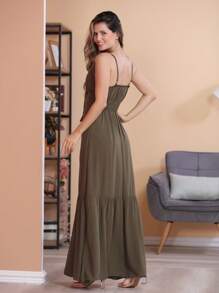 Long Plain Viscose Dress With Straps And Cups - Dark Green - View 4