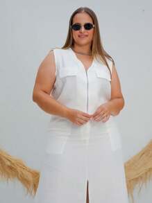 Plus Size Set Cropped Front Zipper And Long Slit Skirt - White - View 4