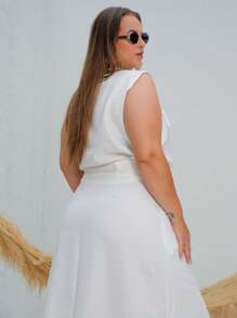 Plus Size Set Cropped Front Zipper And Long Slit Skirt - White - View 5