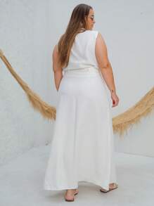 Plus Size Set Cropped Front Zipper And Long Slit Skirt - White - View 2