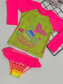 Long Sleeve Bikini + Panties UV Protection Kids Beachwear Beach Cover Up Baby Toddler Girl Mini Diva Blogger Model Summer Pool Photo Swimwear Swimming Costume - 綠色 - 查看 3