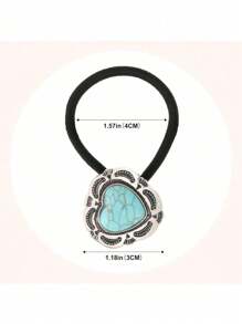 3pcs Mixed Button Imitation Turquoise Hair Cord Leather Band Tie Hair Women's High Stretch French Vintage Hair Tie Hair Accessories Ponytail Holders Hair Elastics Hair Rubber Bands Scrunchies Hair Rope Elastic Hair Tie, Hair Bobbles Head Accessories Elastic Band - Multicolor - View 4