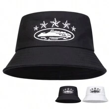 1 Stück Männer Fünf-Sterne-Stickerei Fischerhut, Street Fashion Fischerhut, Lässig Sonnenhut geeignet für Frühling/Herbst Outdoor, Reise, Strand, Party. Männer Sonnenhut Sommerhut, geeignet für Sommeroutdoor-Aktivitäten wie Wandern und Angeln