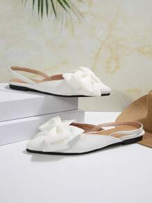 2025 秋季女士尖头平底一脚蹬平底鞋，蝴蝶结装饰，松紧带设计，白色休闲优雅舒适镂空平底鞋 - 白色 - 查看 8