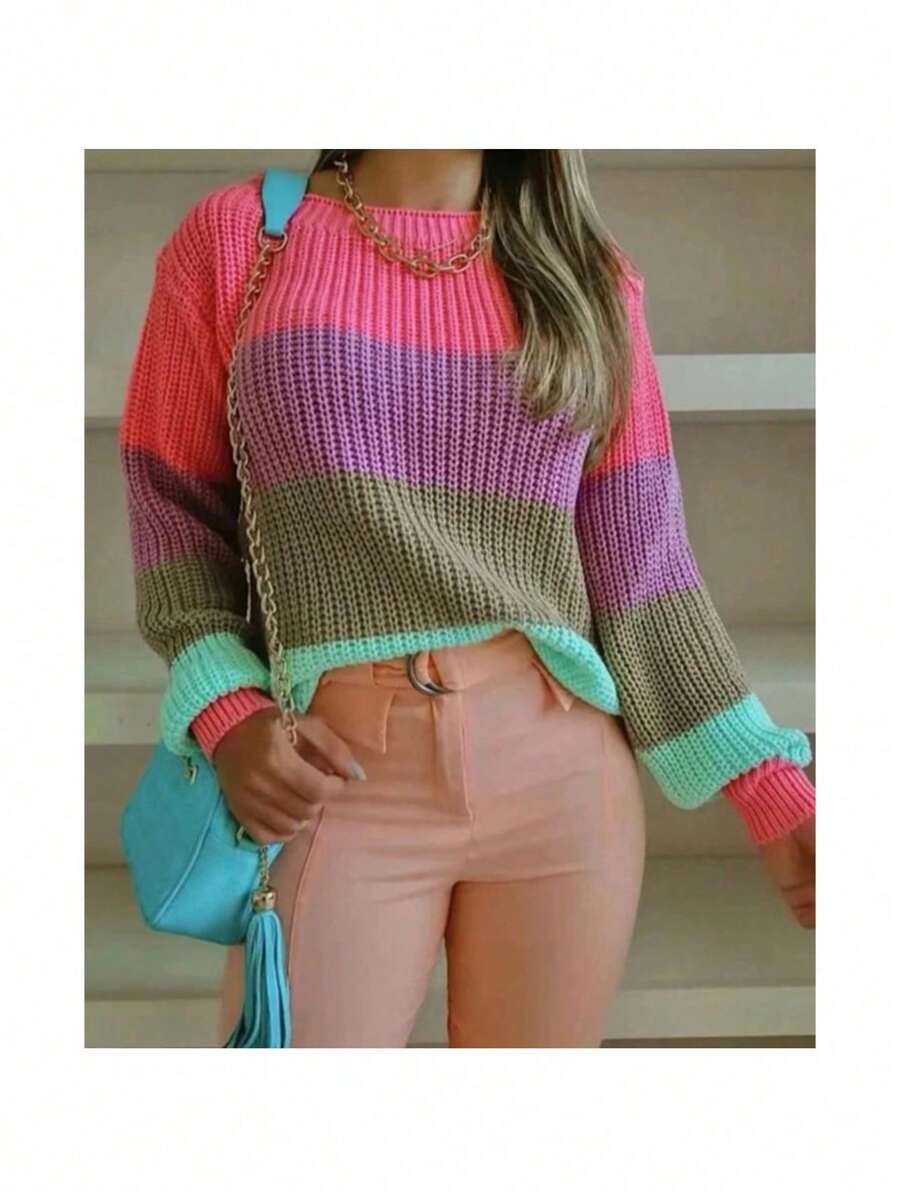 Blusa Tricot Com Manga Longa Colorida Listrada  Inverno - Fúcsia - Visão 1