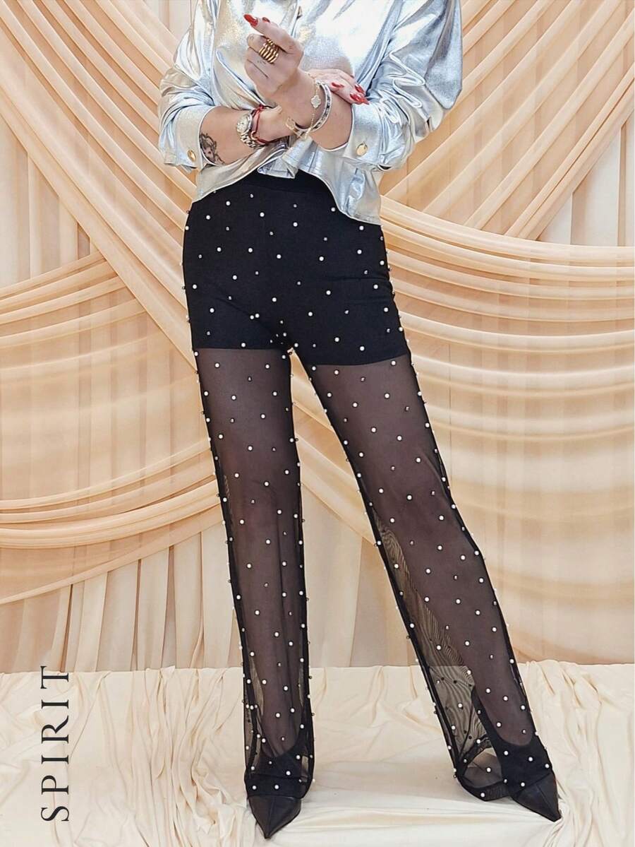 SPIRIT Pantalon para mujer de tela mesh color negro con perlas por todo el pantalon, cuenta con fondo en forma de short de color negro, para temporada de calor, ligero, comodo y con estilo, ideal para temporada de primavera verano otoño, para usar de forma casual o formal. - Negro - Ver 1