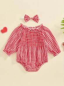 Infant Baby Girl Clothes Off Shoulder Plaid Romper Bodysuit 2Pcs Fall Clothes - Red - View 1