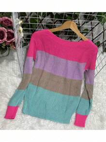 Blusa Tricot Com Manga Longa Colorida Listrada  Inverno - Fúcsia - Visão 3