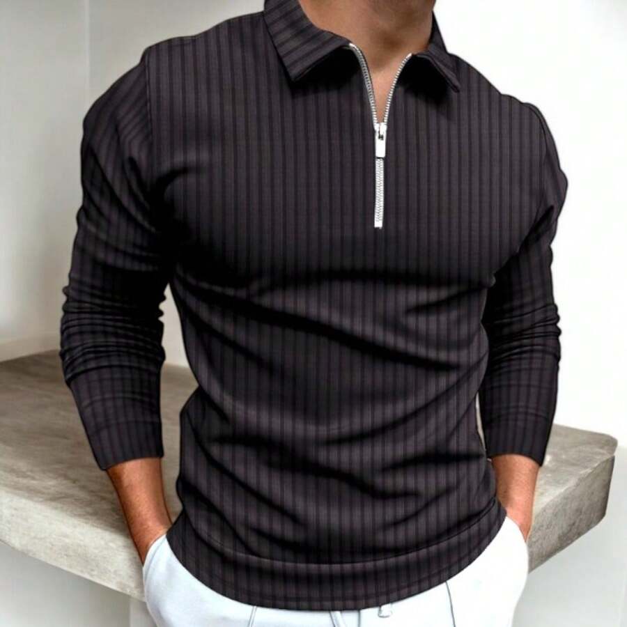 Men's Long Sleeve Polo Shirt With Zipper - màu đen - Xem 1
