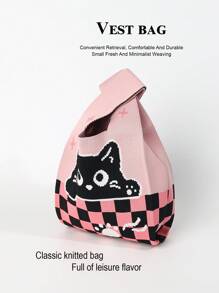 1 Piece Pink Cat Cartoon Animal Crochet Embroidery Breathable Lightweight Foldable Portable For Holding Mobile Phone Umbrella Cosmetics Books Open Casual Cute Women's Handbag Crochet Phone Bag Suitable For Daily Wear, Holidays, Commuting, Shopping, Photography, Traveling, Camping, Hiking, Returning To School, Vacations, Schoolgirls, Girls, Ladies, Suitable For All Seasons Bag Mother's Gift