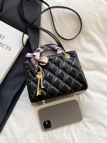 Quilted Pattern Solid Color PU Handbag With Pendant Decoration, Versatile Elegant Women's Crossbody Bag - Black - View 5