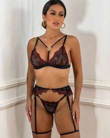 Trio Set Garter Belt Lace Biju Heart Unpadded Bra Bicolor Lace 2115 - màu đen - Xem 4