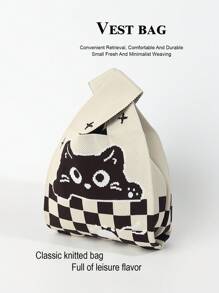 1 Piece Pink Cat Cartoon Animal Crochet Embroidery Breathable Lightweight Foldable Portable For Holding Mobile Phone Umbrella Cosmetics Books Open Casual Cute Women's Handbag Crochet Phone Bag Suitable For Daily Wear, Holidays, Commuting, Shopping, Photography, Traveling, Camping, Hiking, Returning To School, Vacations, Schoolgirls, Girls, Ladies, Suitable For All Seasons Bag Mother's Gift