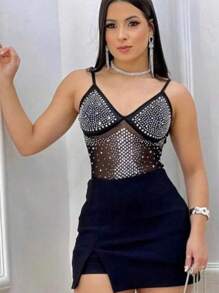 Conjunto luxuoso bory com bojo e regulagem pedraria+ short saia de fenda - Preto - Visão 2
