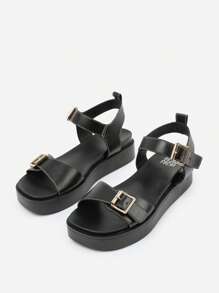 Where’s That From ISABEL DOUBLE BUCKLE STRAP PLATFORM SANDALS - Black PU - View 3