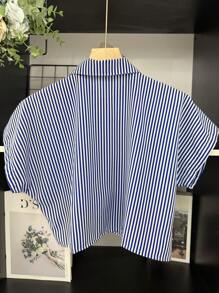 ELLIE Casual Striped Print Loose Cropped Shirt - 藍白色 - 查看 4