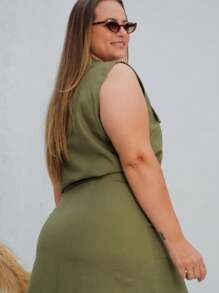 Plus Size Set Cropped Front Zipper And Long Slit Skirt - 綠色 - 查看 4
