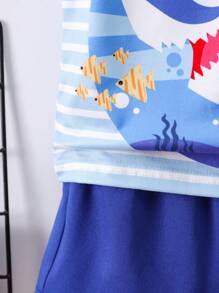 Set de 2 piezas para bebé/niño pequeño: chaleco sin mangas con estampado de tiburón y rayas + pantalones cortos casuales de verano