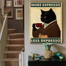 Room Decor 1pc Whimsical Black Cat Coffee Canvas Wall Art, Framed Humorous Poster, Unique Artwork For Coffee Lovers, Ideal For Coffee Shops, Bars, Pubs, Home Kitchens, Ready-To-Hang Gift For Cat Enthusiasts