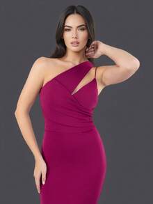 Made in Italy Elegant Long Dress with split. One shoulder dress with cut-out detail and stretch fabric. Midi dress with one shoulder and side slit. Ideal for Dinner outfit, Night out outfit, Ball dress, Clubbing outfit, Dating outfit, San Valentine's' outfit, Prom dress, graduation dress, wedding guest dress - 玫紅色 - 查看 2