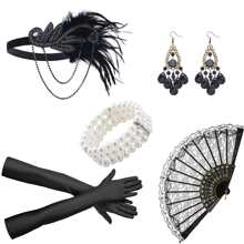 7 件 1920 年代风格盖茨比女士派对配饰 - 头饰、耳环、手镯、手套、蕾丝手扇、优雅服装套装