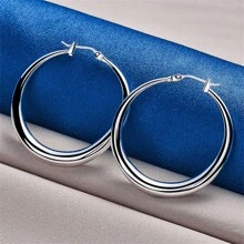 1 Pair 925 Silver Fine Simple Round Hoop Earrings For Women Fashion Charm Gift Wedding Jewelry Birthday Christmas Accessories