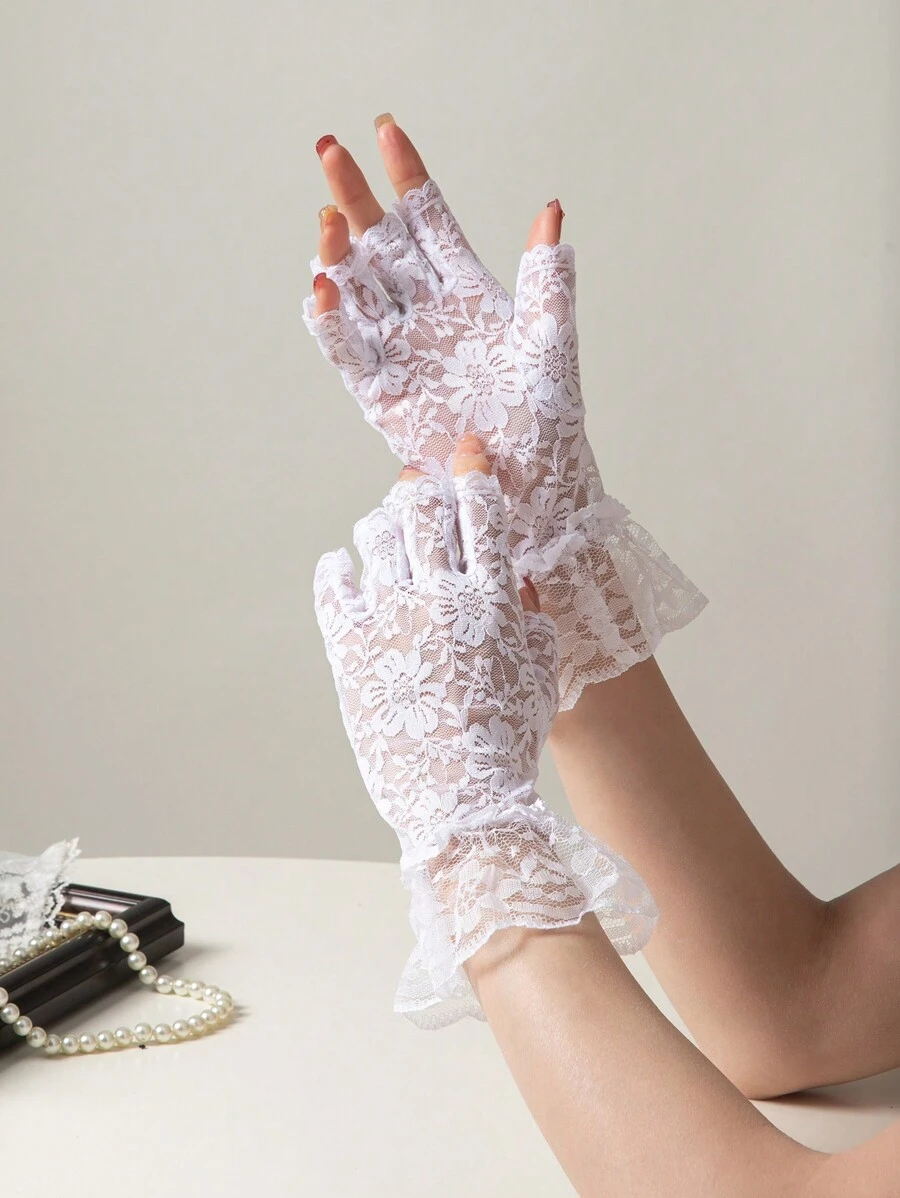 1 Pair White Bride Wedding Lace Half Finger Gloves, Suitable For Wedding Outfit Matching
