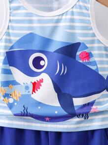 Set de 2 piezas para bebé/niño pequeño: chaleco sin mangas con estampado de tiburón y rayas + pantalones cortos casuales de verano