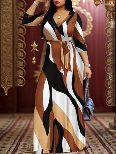 Ladies Multi-Color Mixed Color Ultra Long Half-Sleeve Deep V Waist Elegant Dress Suitable For Going Out For Dinner, Shopping