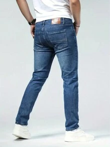 Jeans de Pierna Recta y Ajuste Delgado para Hombre - Pantalones de Mezclilla Casuales y Listos para Negocios, Mezcla de Algodón Elástico, Cintura Media