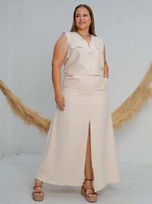 Plus Size Set Cropped Front Zipper And Long Slit Skirt - Cream - View 2