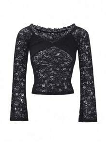 GAOVOT Women's Fall Top Y2K Sexy Slim One Line Shoulder Long Sleeve Lace Top
