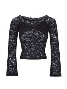 Y2K Women Sexy Fitted Off Shoulder Long Sleeve Lace Blouse