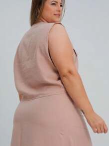 Plus Size Set Cropped Front Zipper And Long Slit Skirt - Rusty Rose - View 4