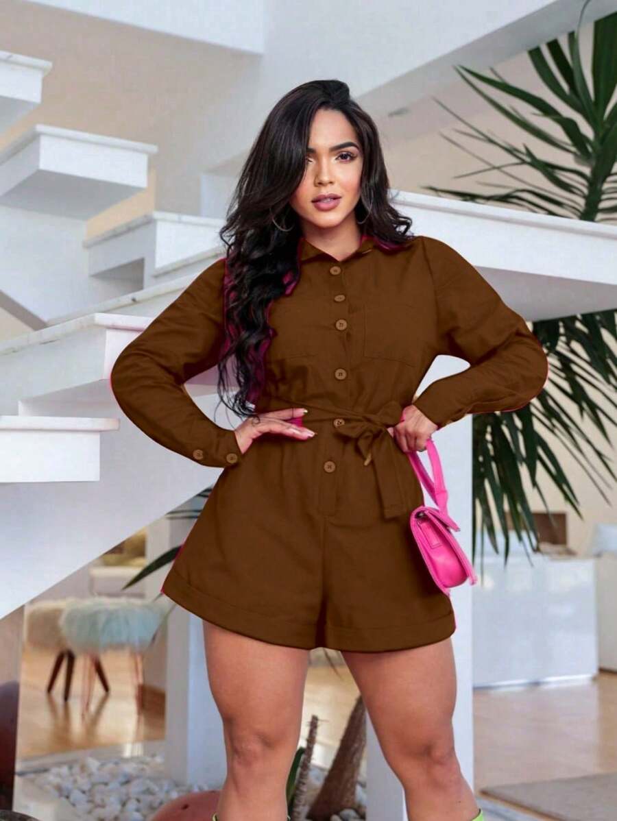 Texido.linho..Macacão Curto Feminina Manga Longa Com Botoes Cordinha de Amarro Moda Feminina - bordô - Visão 1