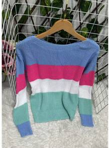 Winter Striped Long Sleeve Knit Blouse - Azul - Ver 3