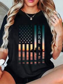 100% Cotton Lake Life Fisherman Sunset American Flag Bass Fishing Boat T-Shirt - Casual Short Sleeve Printed Crew Neck T-Shirt For Spring & Summer - Comfortable, Relaxed Fit