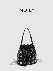 Bolso de cubo con remaches decorativos para mujer, bolso de hombro, bolso de bandolera, bolso de noche - Negro - Ver 5