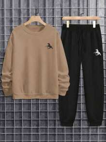 Sports Set, Long Sleeve Sweatshirt And Pants, For Men, Horse Print, Black Round Neck, Soft And Comfortable Sweatshirt - 卡其色 - 查看 2