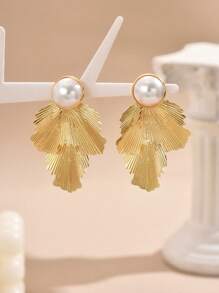 1 对女士夸张几何叶子设计耳环，简约时尚，适合日常休闲佩戴 - 金黃色 - 查看 6