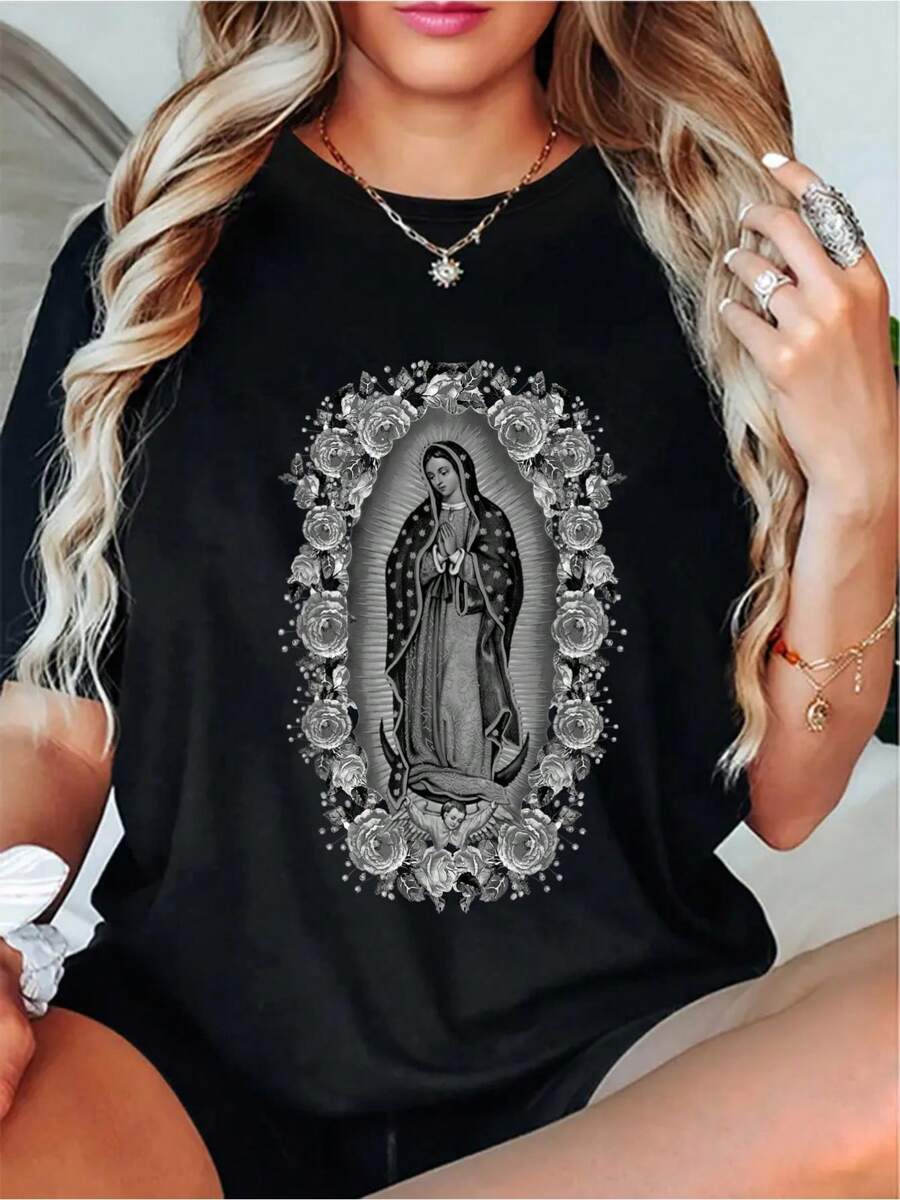 Virgen De Guadalupe Virgin Mary Graphic Tee - 100% Cotton, Crew Neck, Short Sleeve - Casual & Comfy Women's T-Shirt - Lightweight & Breathable Spring & Summer Wear - Casual Short Sleeve 100% Cotton T-Shirt For Style And Comfort