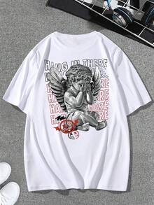 Camiseta Estampa De Anjo E Letra Blusa Masculina Streetwear 100% Algodão - Branco - Visão 2