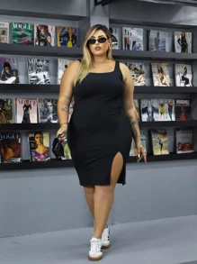 Plus Size Midi Dress With Square Neck And Front Slit PAZME - 黑色 - 查看 3