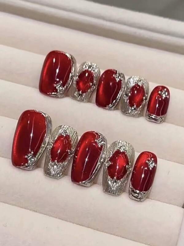 10pcs Luxurious Handmade Red Cat Eye Press-On Nails With Diamond Accents - Glossy, Oval, Medium Length, French Retro Style In Magic Mirror Finish, Armor, Light Luxury Classic