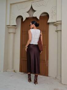 Satin Midi Skirt With Elastic - Óxido marrón - Ver 4