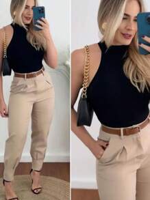 Carrot Jogger Pants Tailored Women's Basic Dress Pants - 米色 - 查看 2
