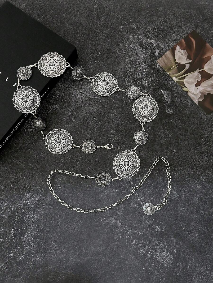 大码波西米亚复古女式花卉腰链，适合夏季、秋季、万圣节 - 銀色大小圓 - 查看 1
