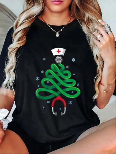 100% Cotton Printed Round Neck Short Sleeve T-Shirt Nurse Christmas Tree Funny Nursing Squad LPN RN Men Women T-Shirt